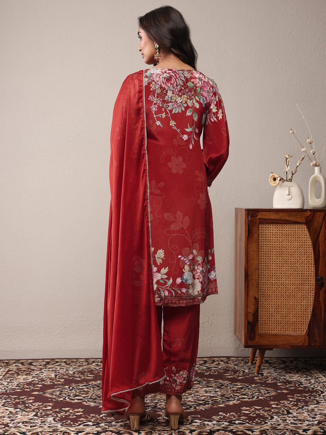  Libas Art Maroon Printed Silk Crepe Straight Suit Set With Dupatta 