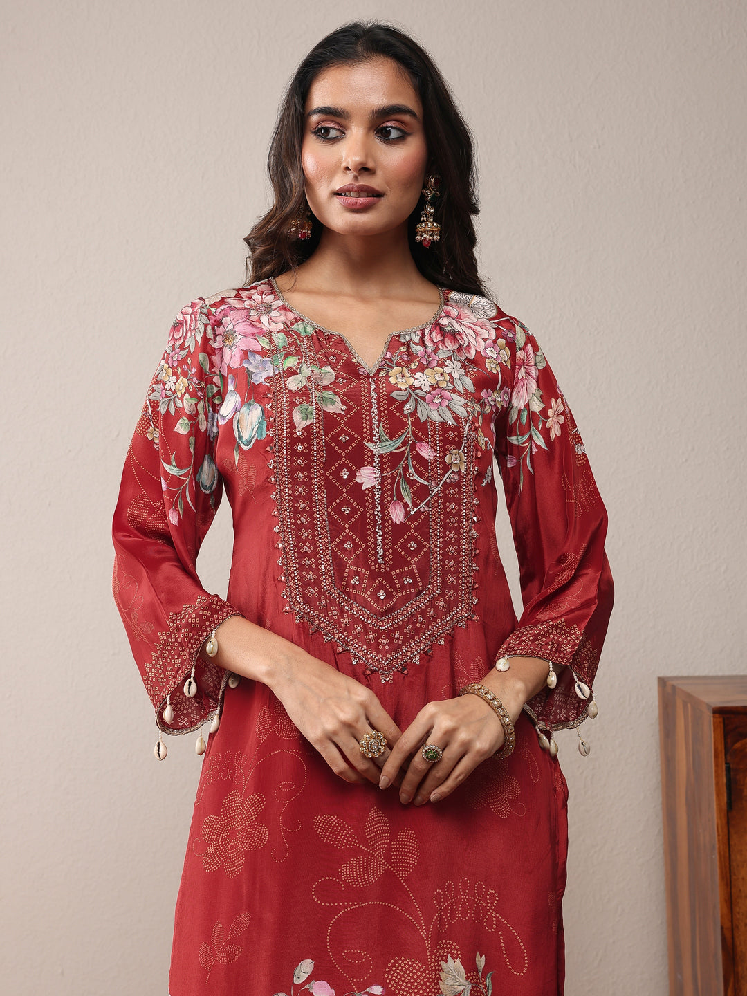  Libas Art Maroon Printed Silk Crepe Straight Suit Set With Dupatta 