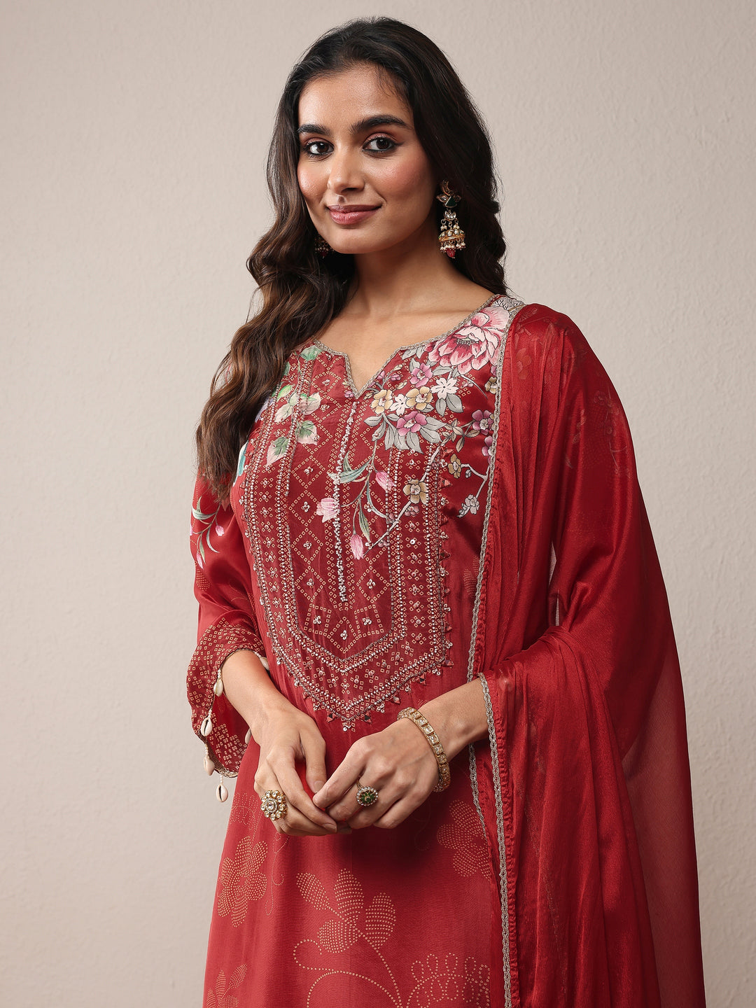  Libas Art Maroon Printed Silk Crepe Straight Suit Set With Dupatta 