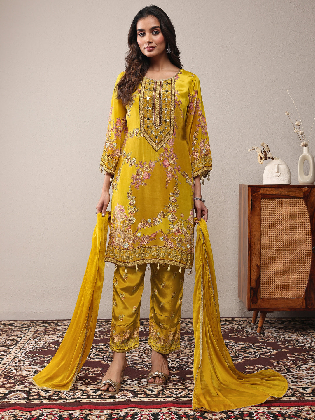  Libas Art Mustard Printed Silk Crepe Straight Suit Set With Dupatta 