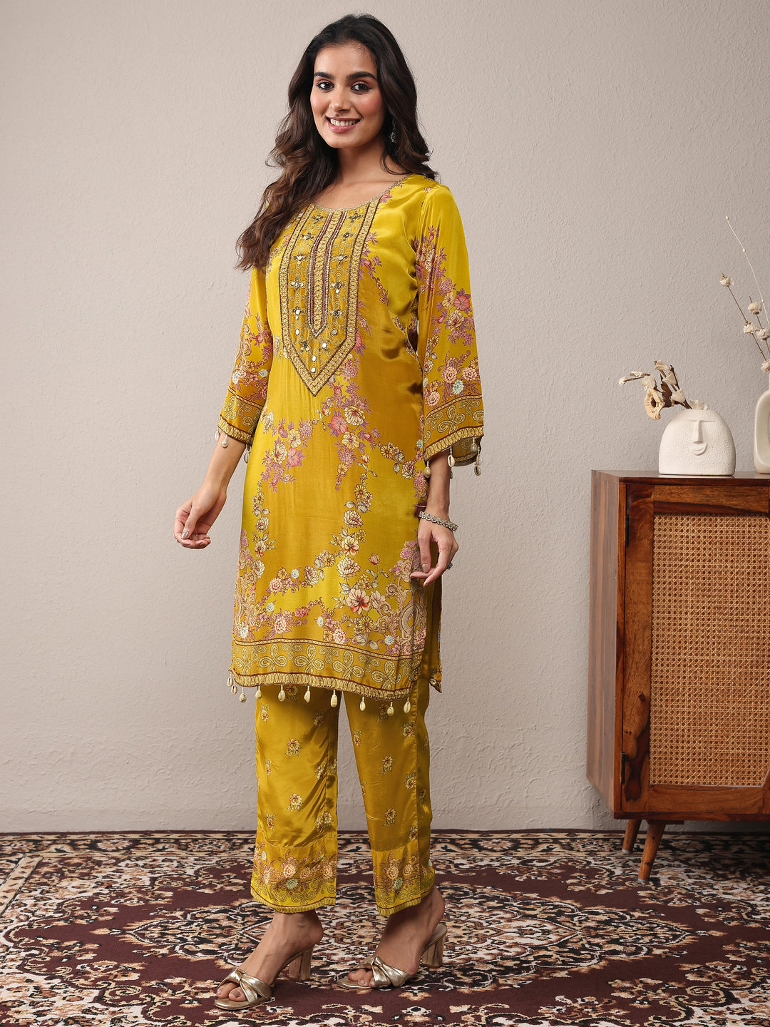  Libas Art Mustard Printed Silk Crepe Straight Suit Set With Dupatta 
