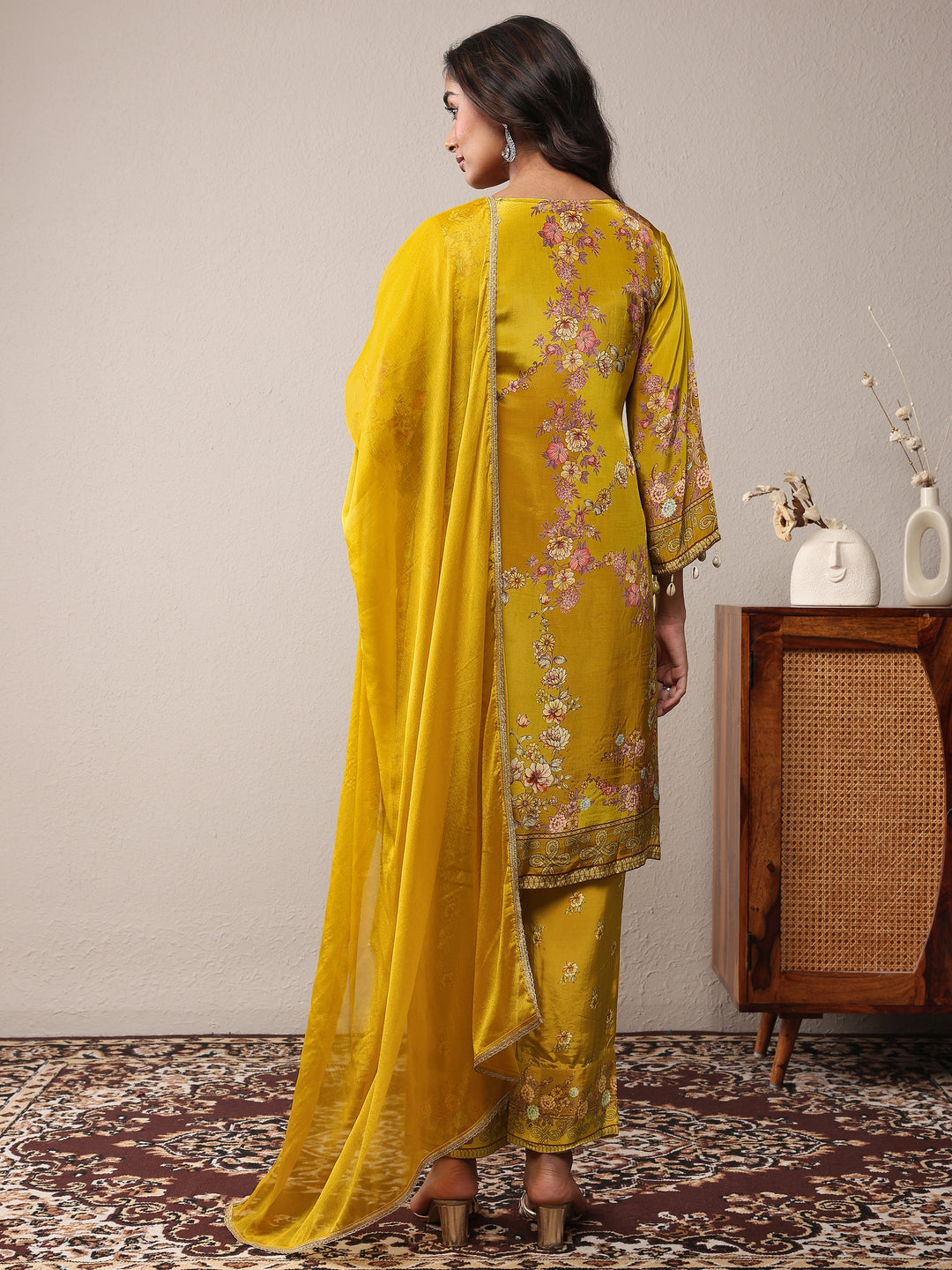  Libas Art Mustard Printed Silk Crepe Straight Suit Set With Dupatta 