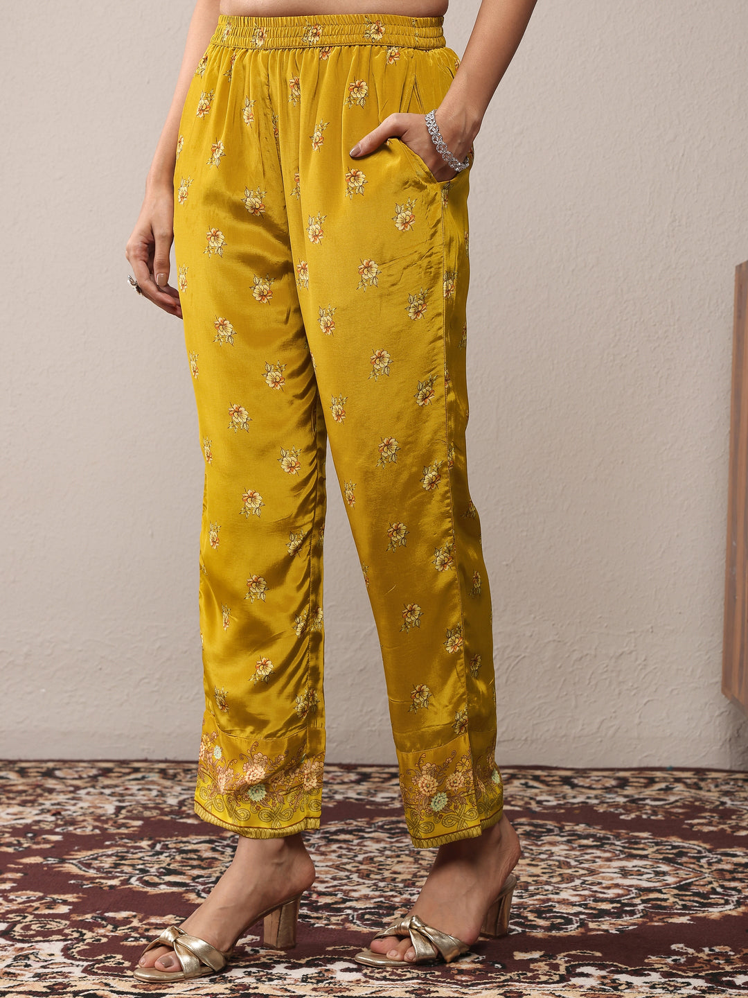  Libas Art Mustard Printed Silk Crepe Straight Suit Set With Dupatta 