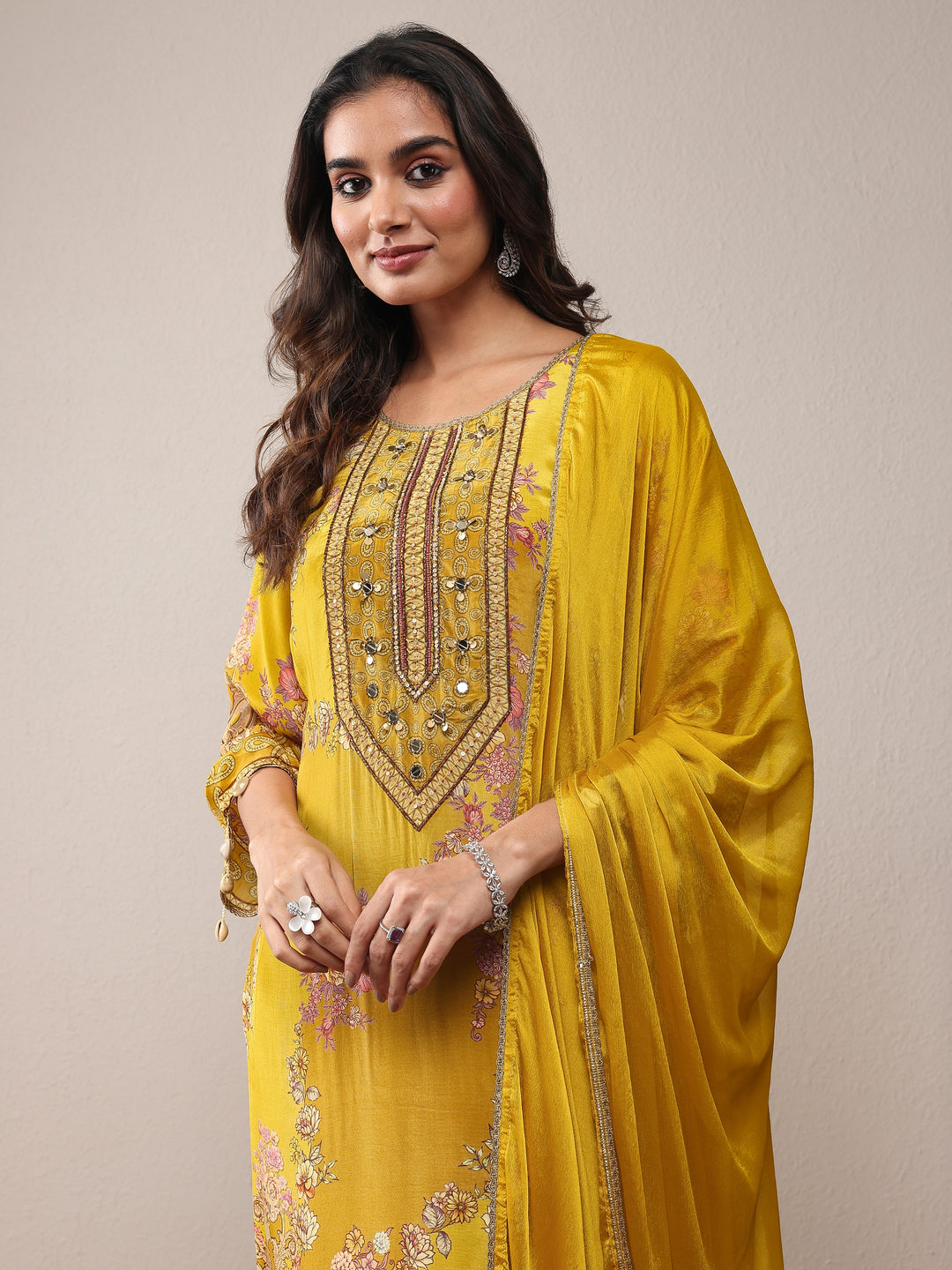  Libas Art Mustard Printed Silk Crepe Straight Suit Set With Dupatta 