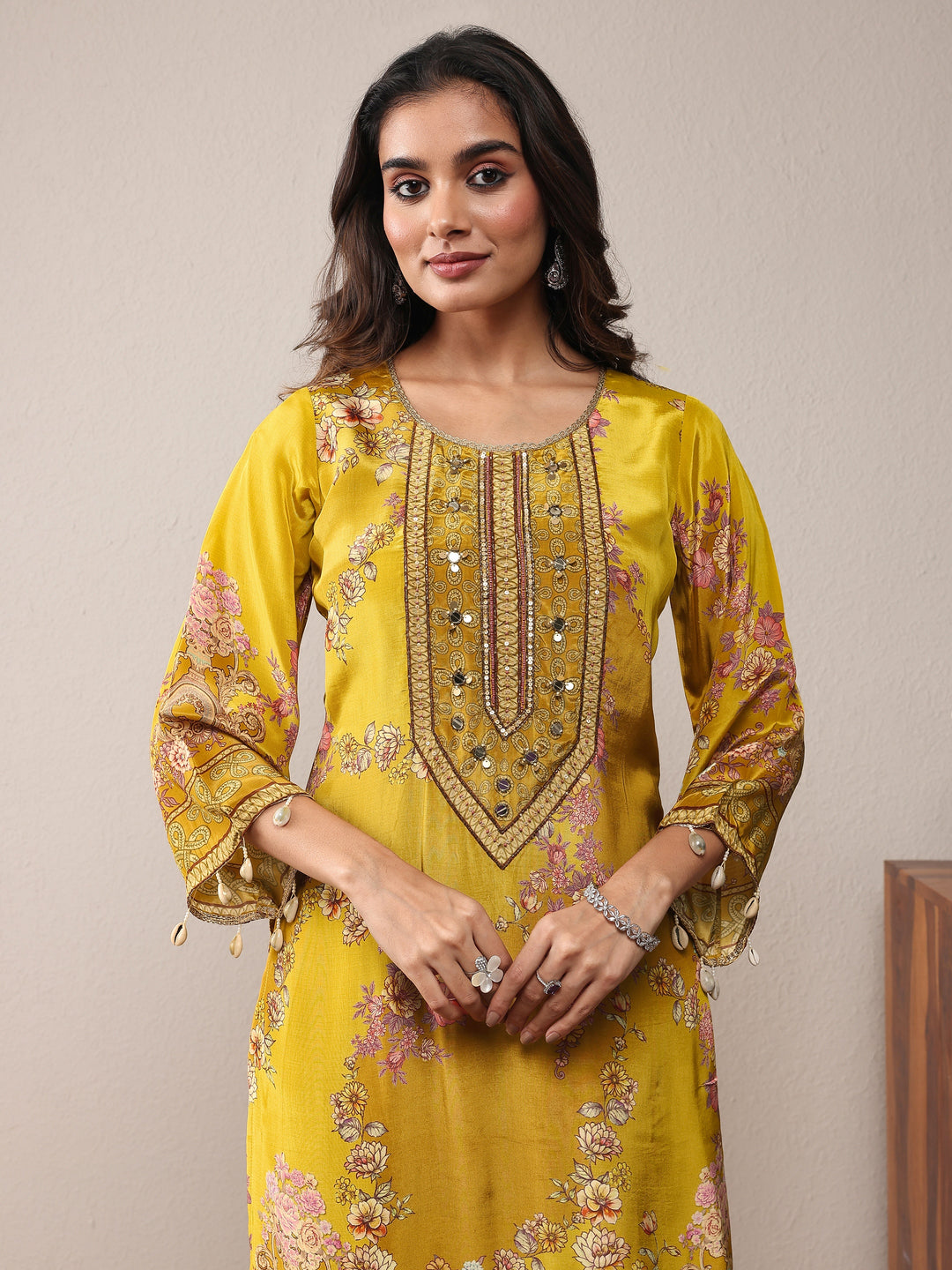  Libas Art Mustard Printed Silk Crepe Straight Suit Set With Dupatta 