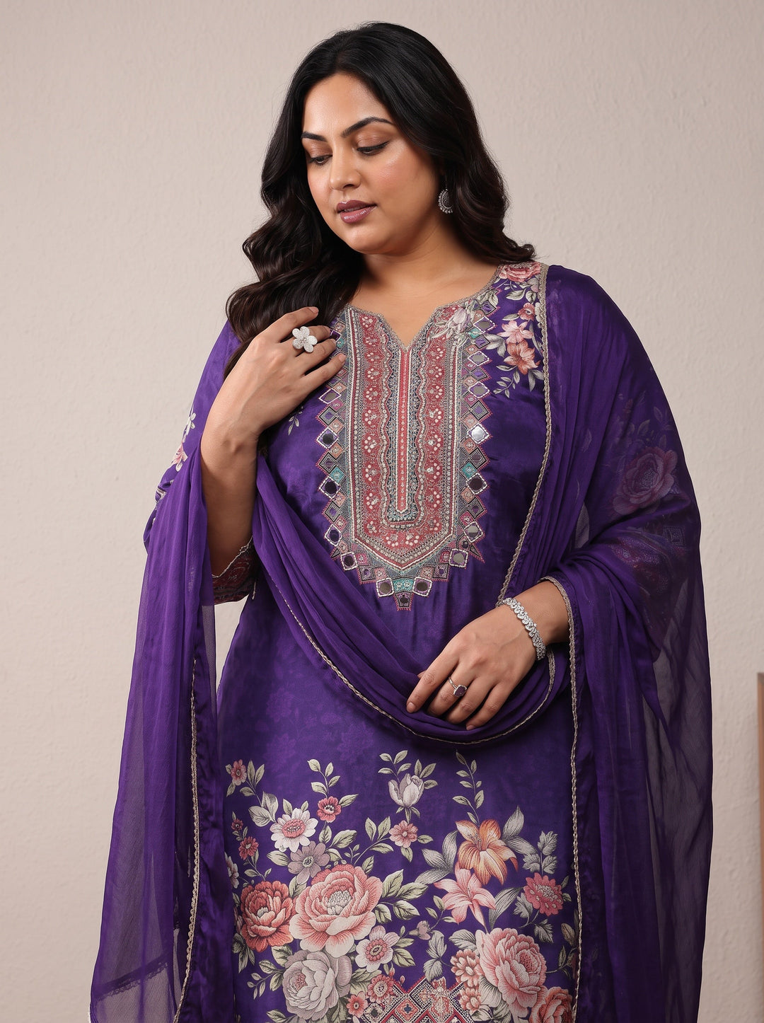  Plus Size Purple Printed Silk Crepe Straight Suit Set With Dupatta 