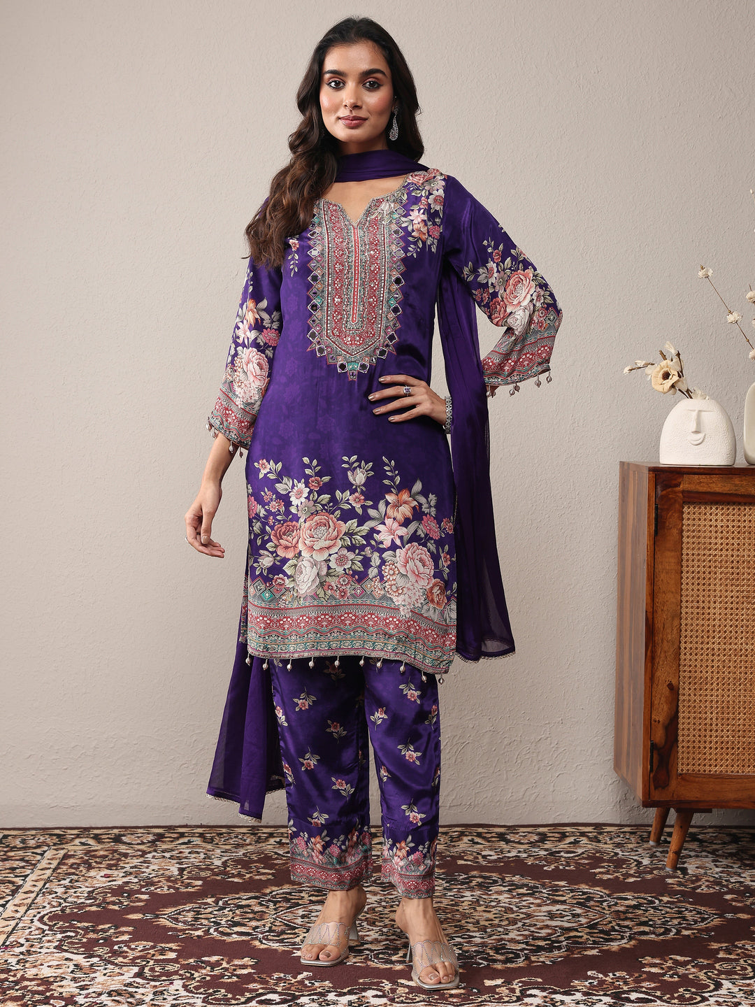  Libas Art Purple Printed Silk Crepe Straight Suit Set With Dupatta 