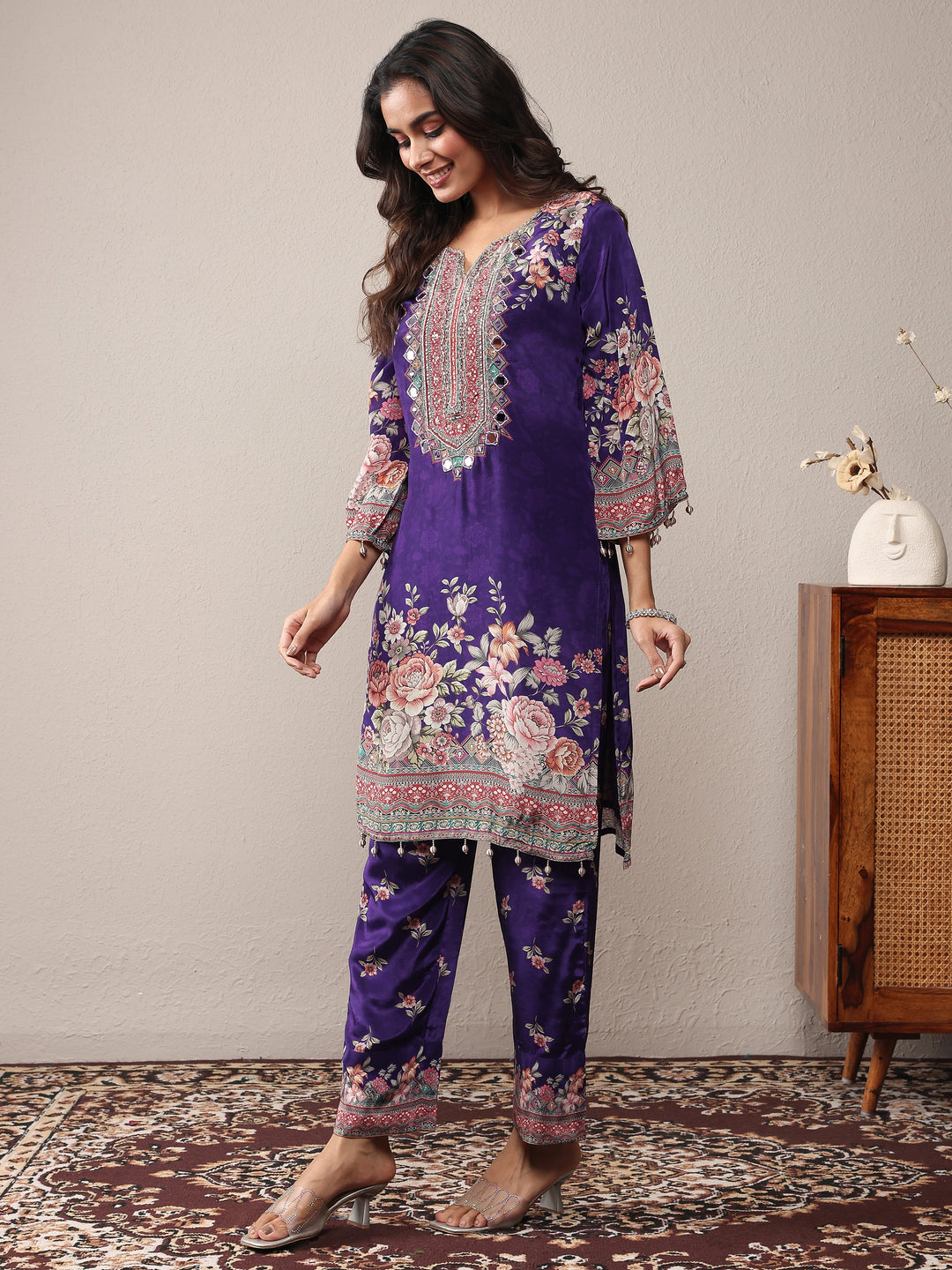  Libas Art Purple Printed Silk Crepe Straight Suit Set With Dupatta 