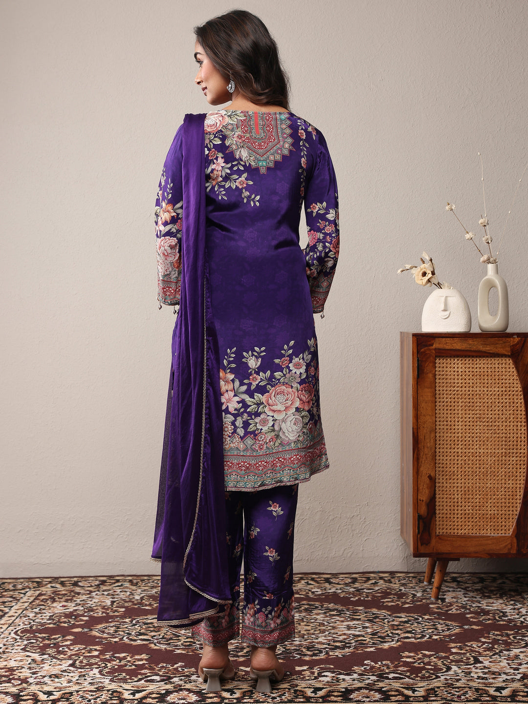  Libas Art Purple Printed Silk Crepe Straight Suit Set With Dupatta 