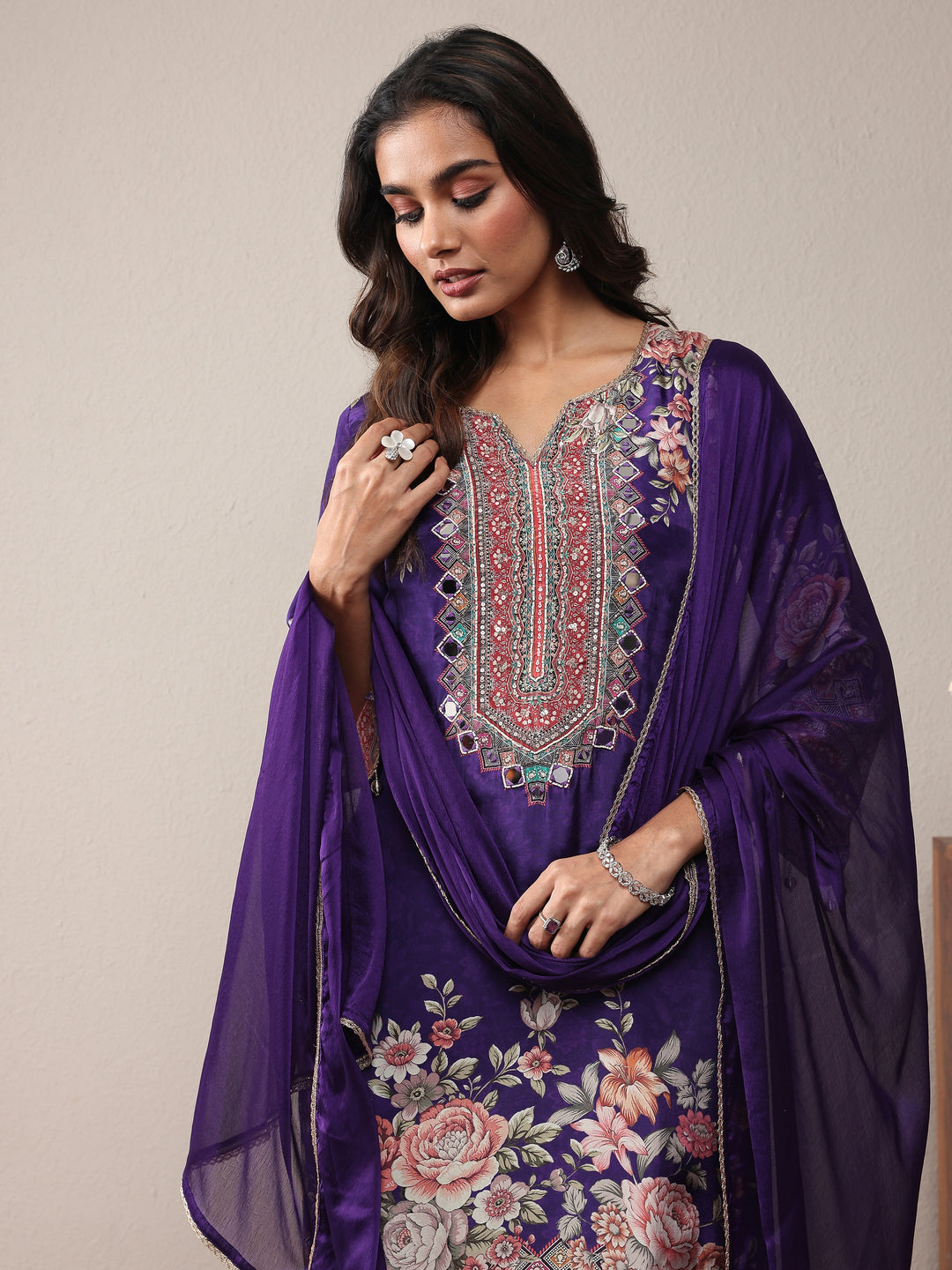  Libas Art Purple Printed Silk Crepe Straight Suit Set With Dupatta 