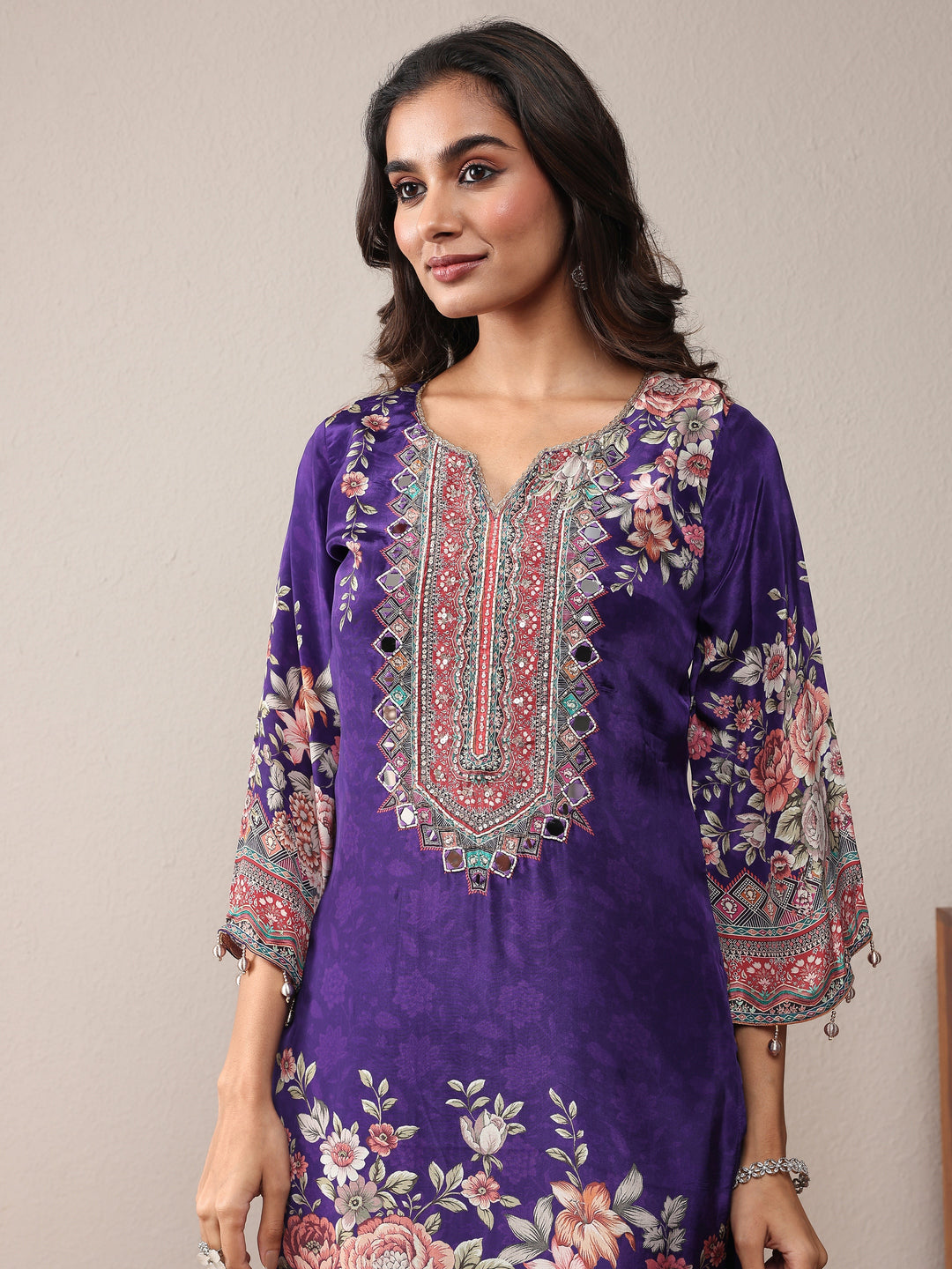  Libas Art Purple Printed Silk Crepe Straight Suit Set With Dupatta 