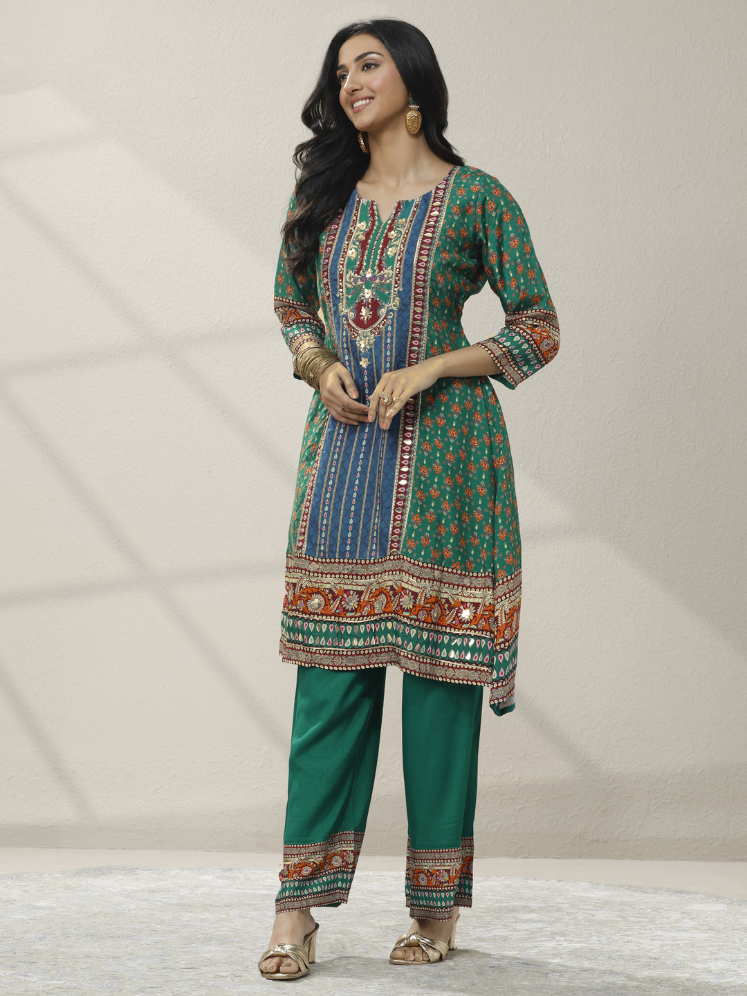  Green Printed Muslin A-Line Suit Set With Dupatta 