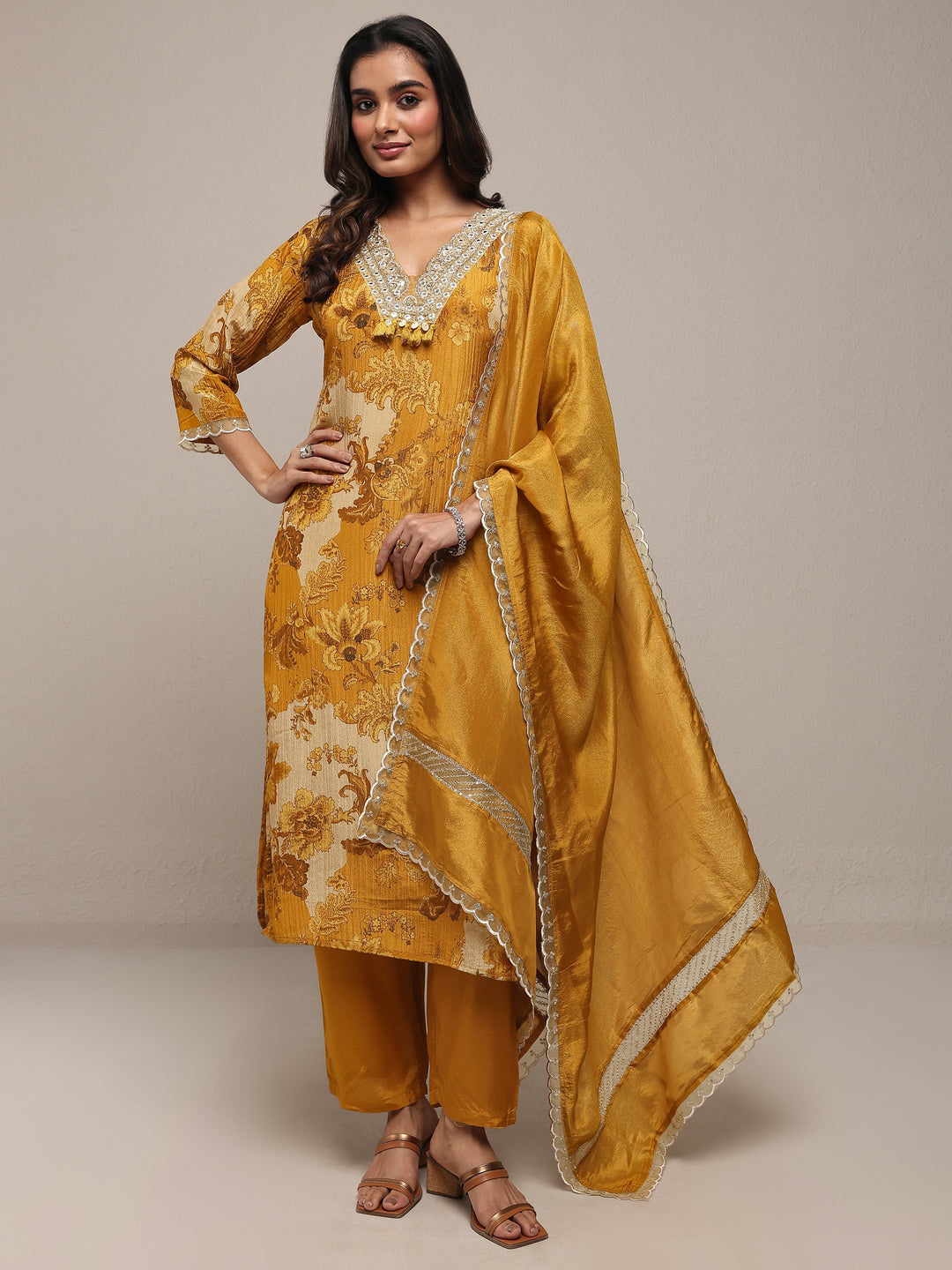  Libas Art Mustard Printed Silk Blend Straight Suit Set With Dupatta 
