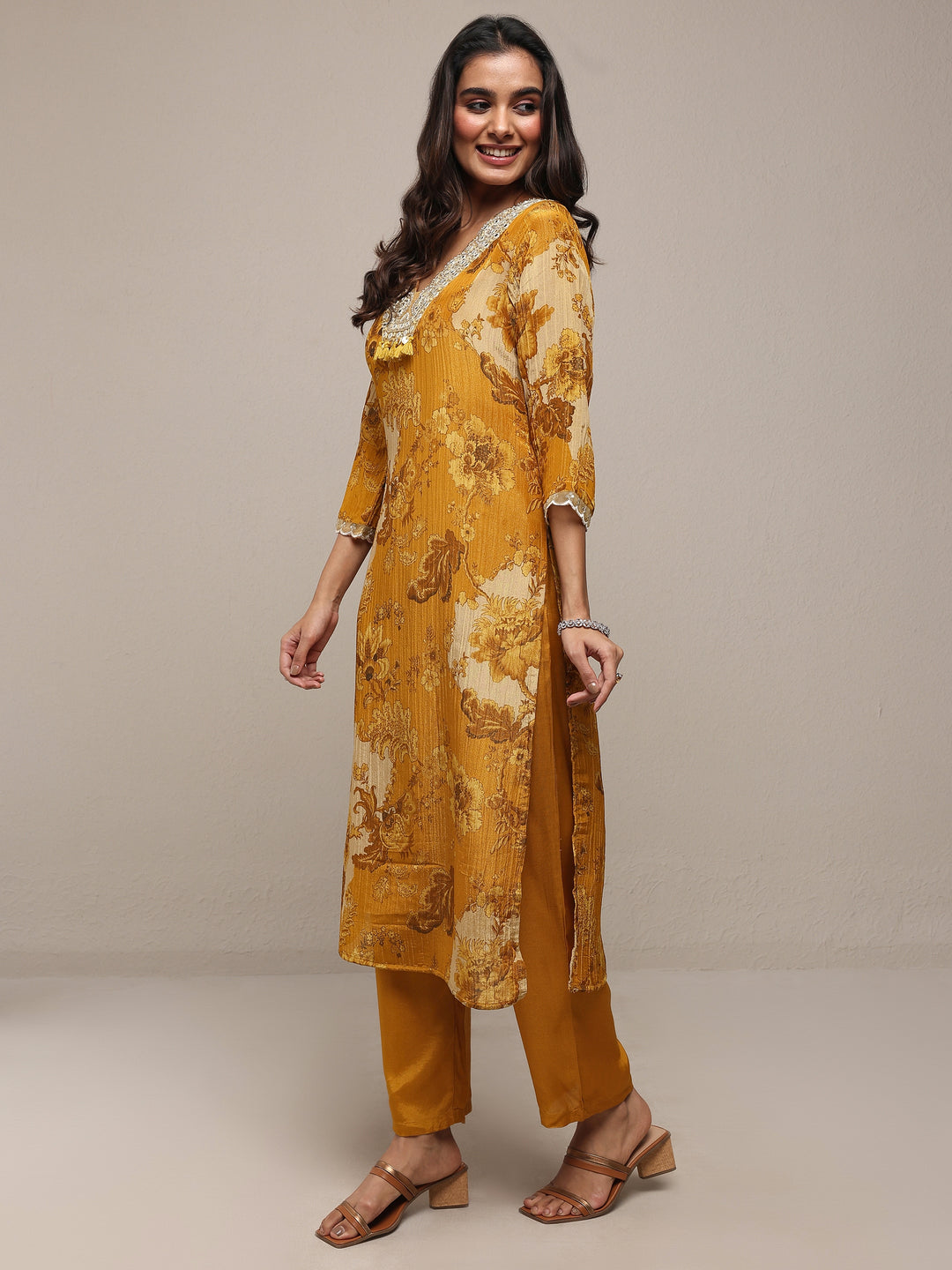  Libas Art Mustard Printed Silk Blend Straight Suit Set With Dupatta 