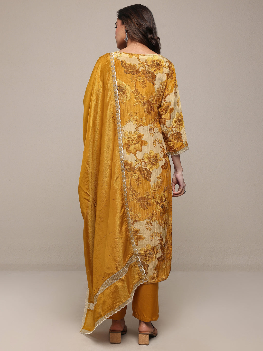  Libas Art Mustard Printed Silk Blend Straight Suit Set With Dupatta 