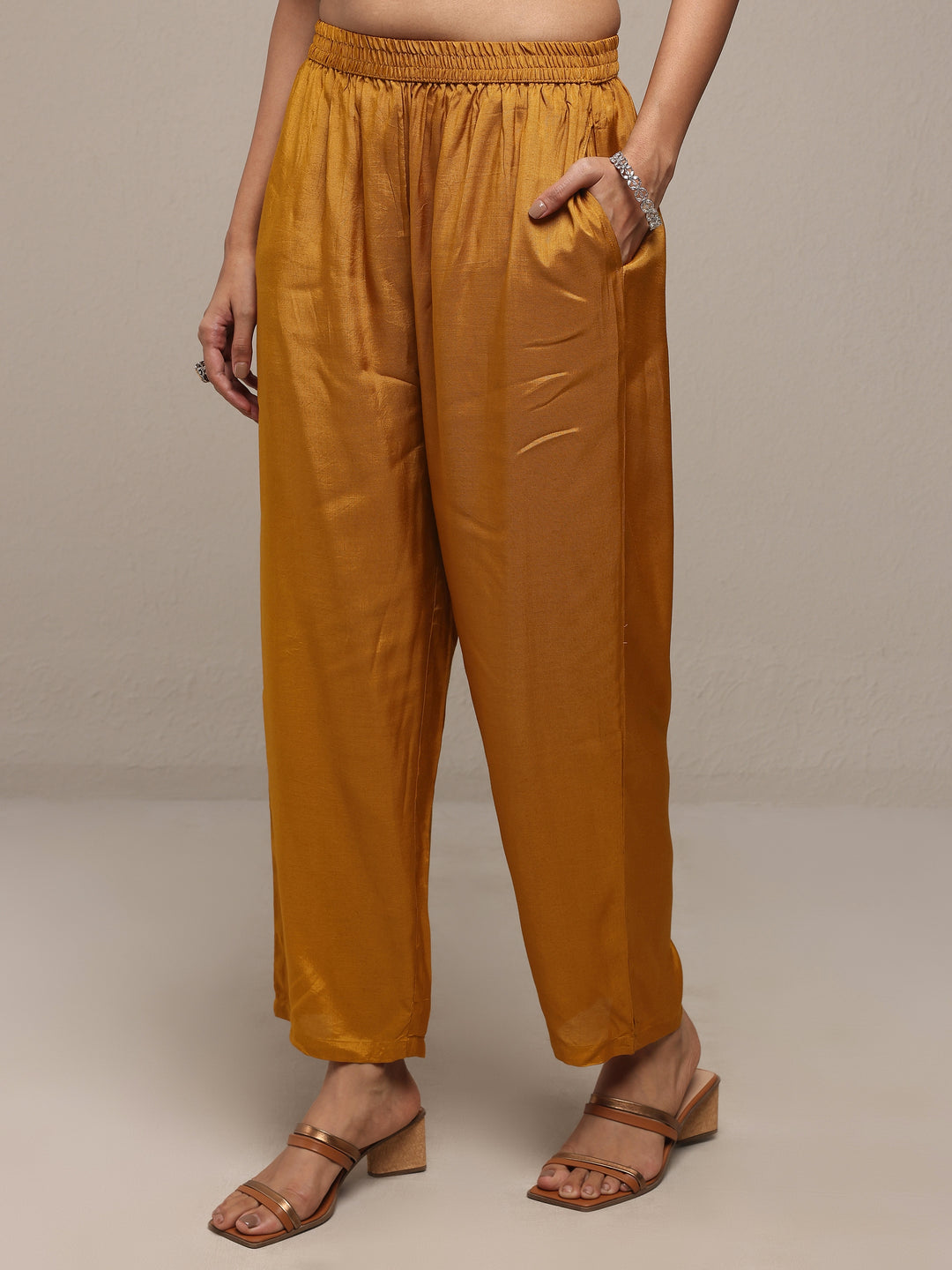  Libas Art Mustard Printed Silk Blend Straight Suit Set With Dupatta 