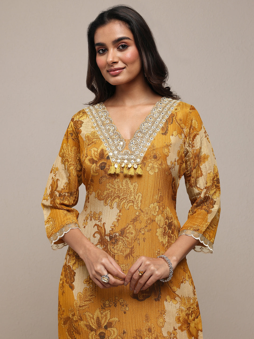  Libas Art Mustard Printed Silk Blend Straight Suit Set With Dupatta 