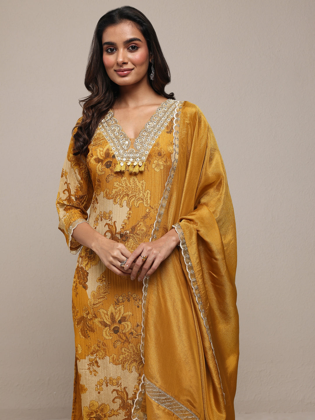  Libas Art Mustard Printed Silk Blend Straight Suit Set With Dupatta 