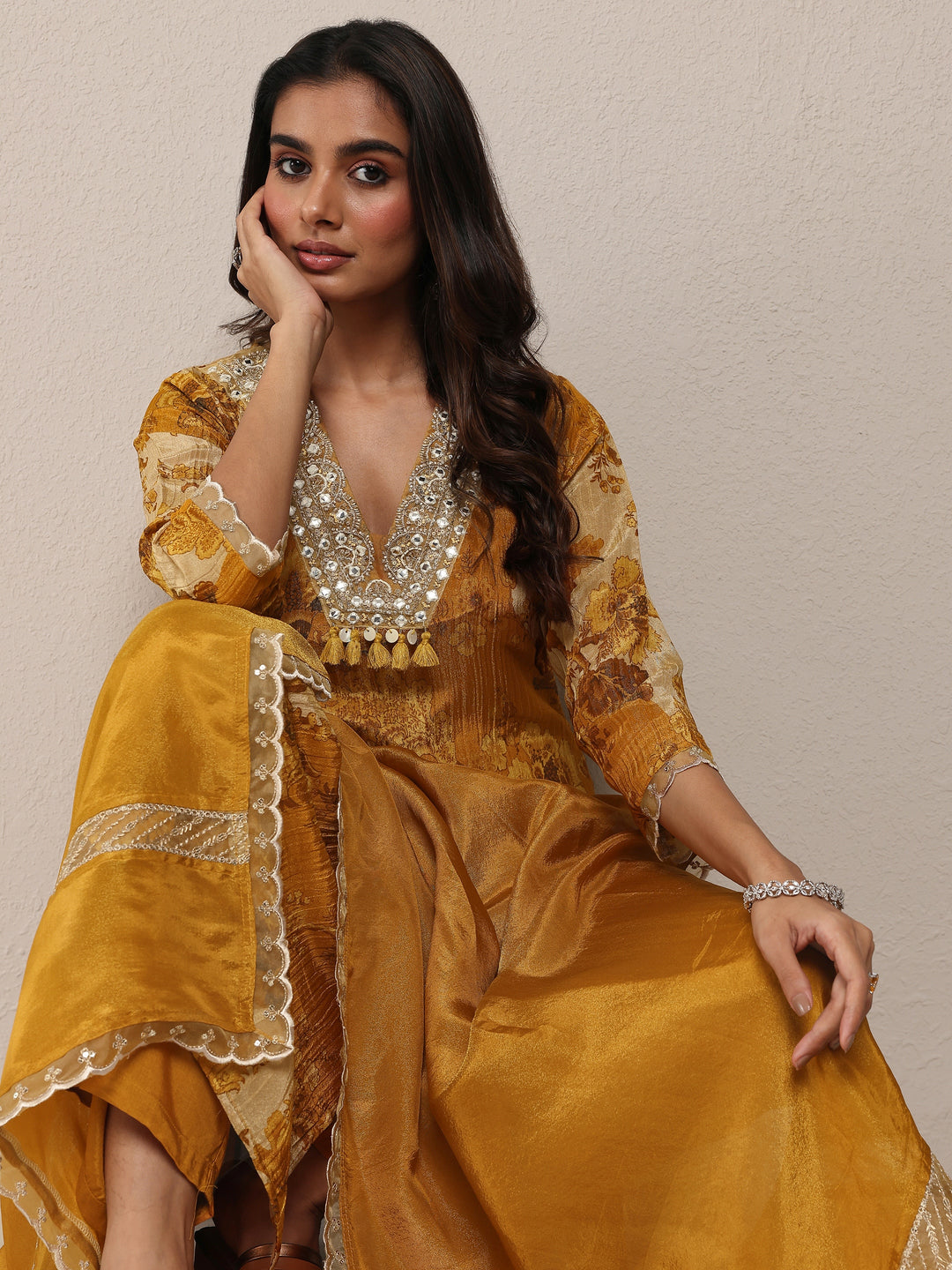  Libas Art Mustard Printed Silk Blend Straight Suit Set With Dupatta 