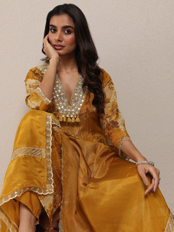 Mustard Printed Silk Blend Straight Suit Set With Dupatta