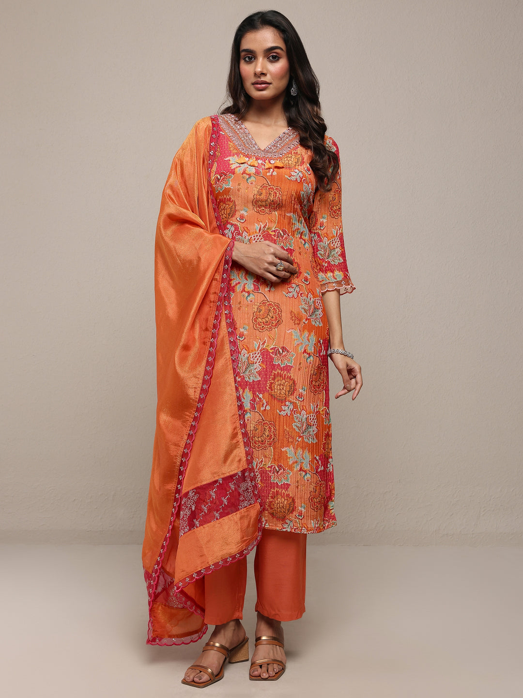  Libas Art Orange Printed Silk Blend Straight Suit Set With Dupatta 