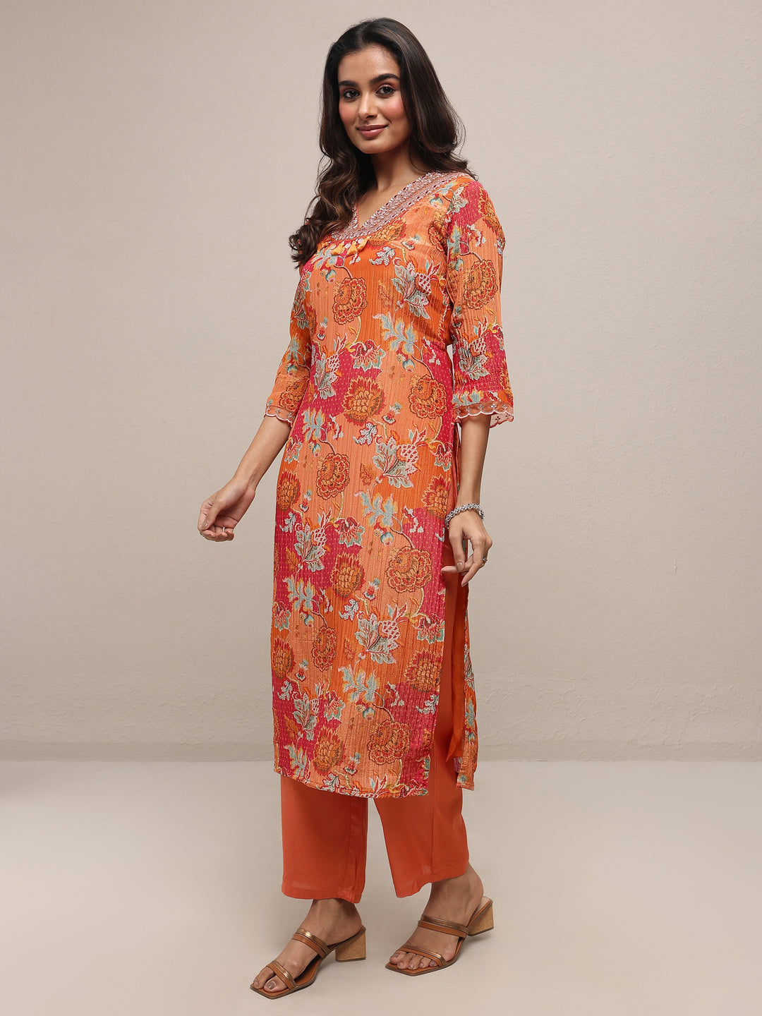  Libas Art Orange Printed Silk Blend Straight Suit Set With Dupatta 