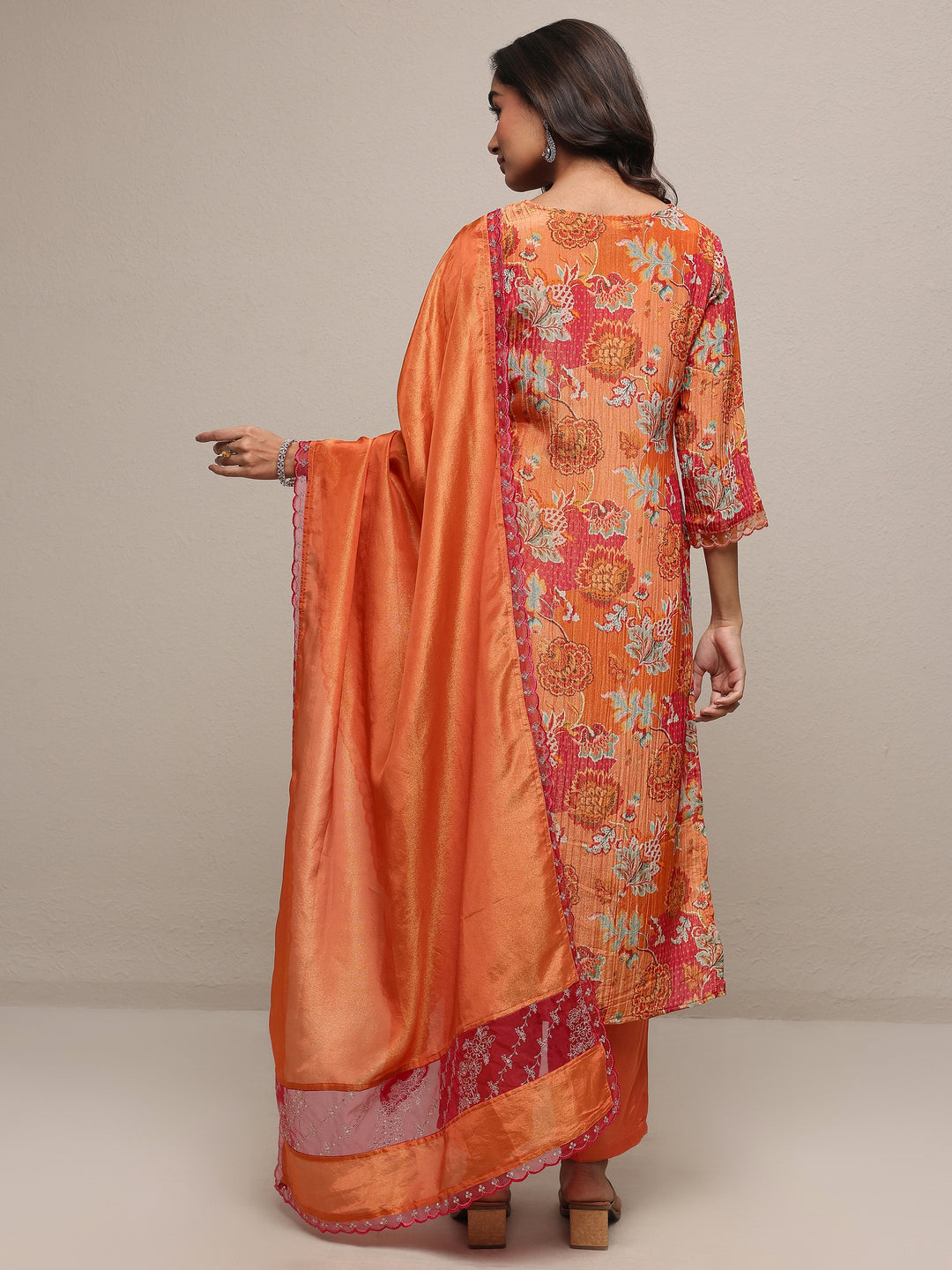  Libas Art Orange Printed Silk Blend Straight Suit Set With Dupatta 