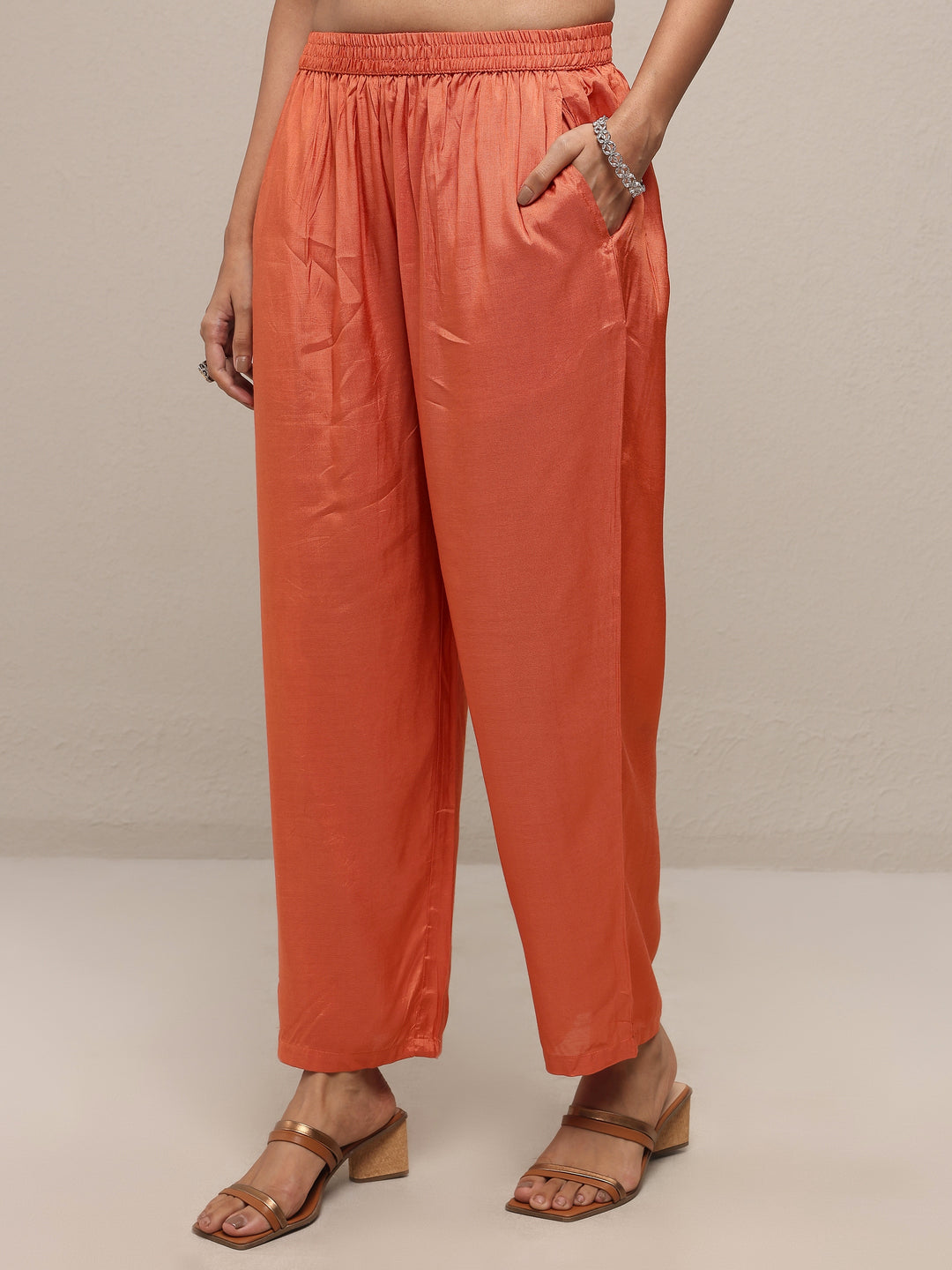  Libas Art Orange Printed Silk Blend Straight Suit Set With Dupatta 