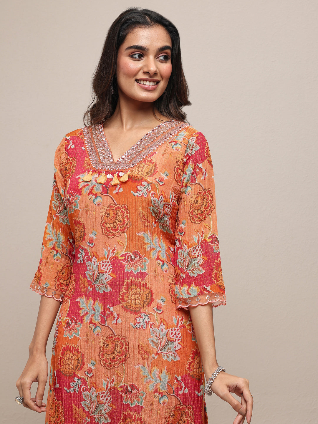  Libas Art Orange Printed Silk Blend Straight Suit Set With Dupatta 