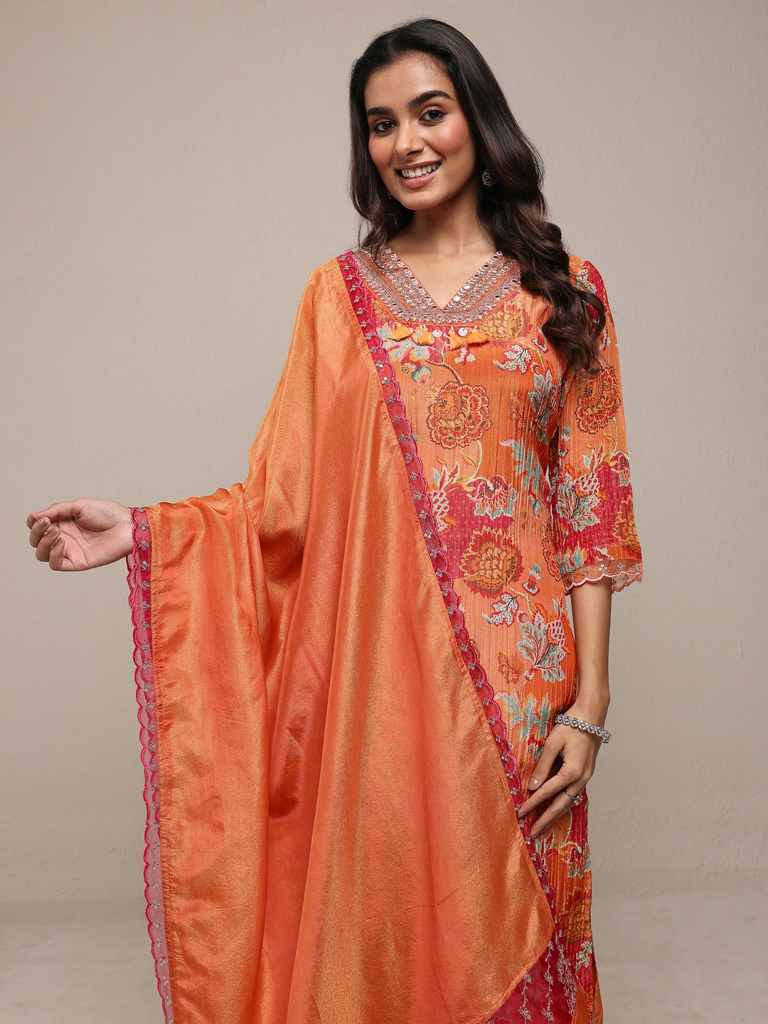  Libas Art Orange Printed Silk Blend Straight Suit Set With Dupatta 