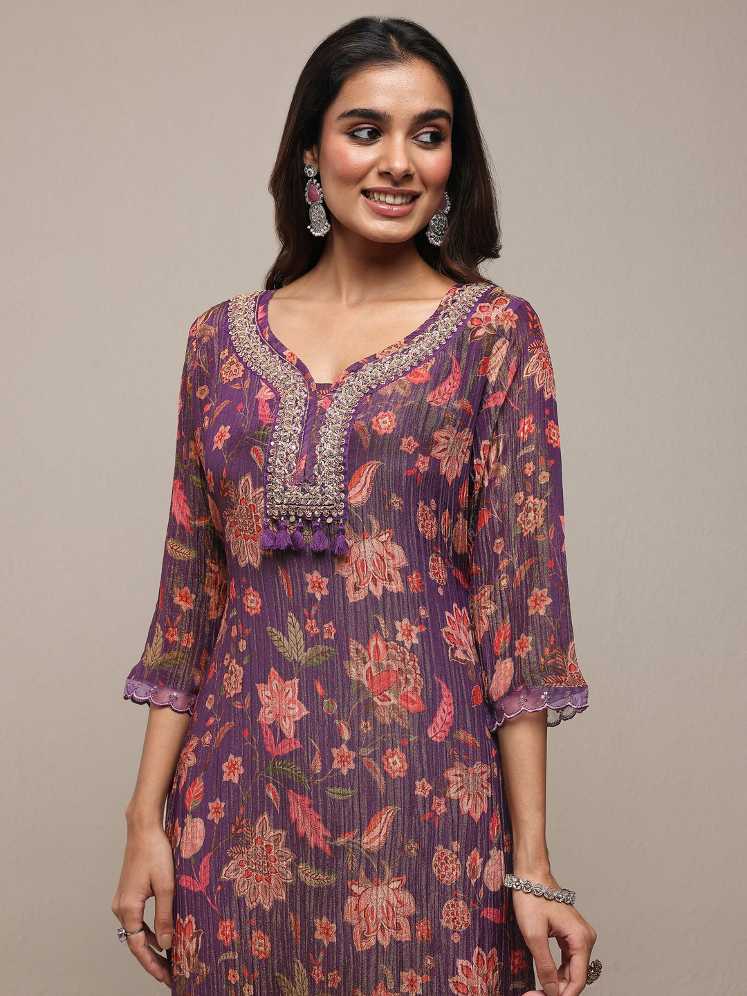  Libas Art Purple Printed Silk Blend Straight Suit Set With Dupatta 