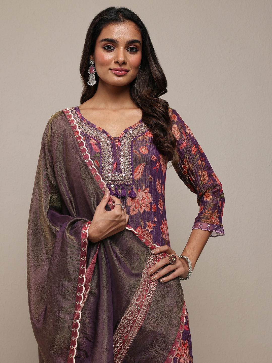  Libas Art Purple Printed Silk Blend Straight Suit Set With Dupatta 