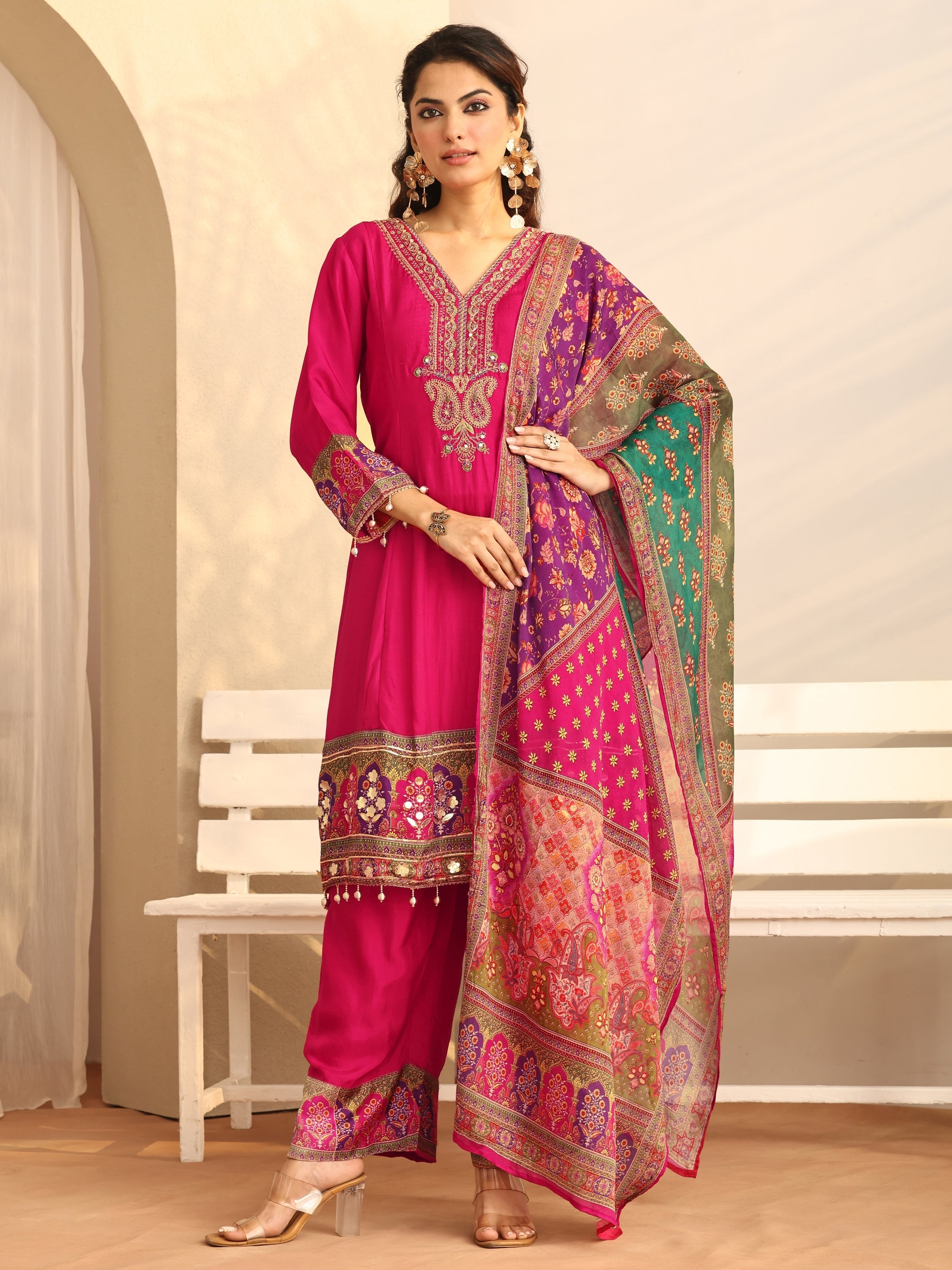 libas Pink Printed Silk Blend A-Line Suit Set With Dupatta-picture-58
