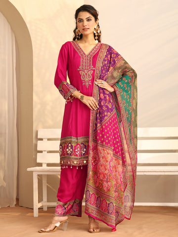 Pink Printed Silk Blend A-Line Suit Set With Dupatta