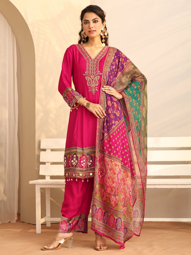 Libas Pink Printed Silk Blend A-Line Suit Set With Dupatta