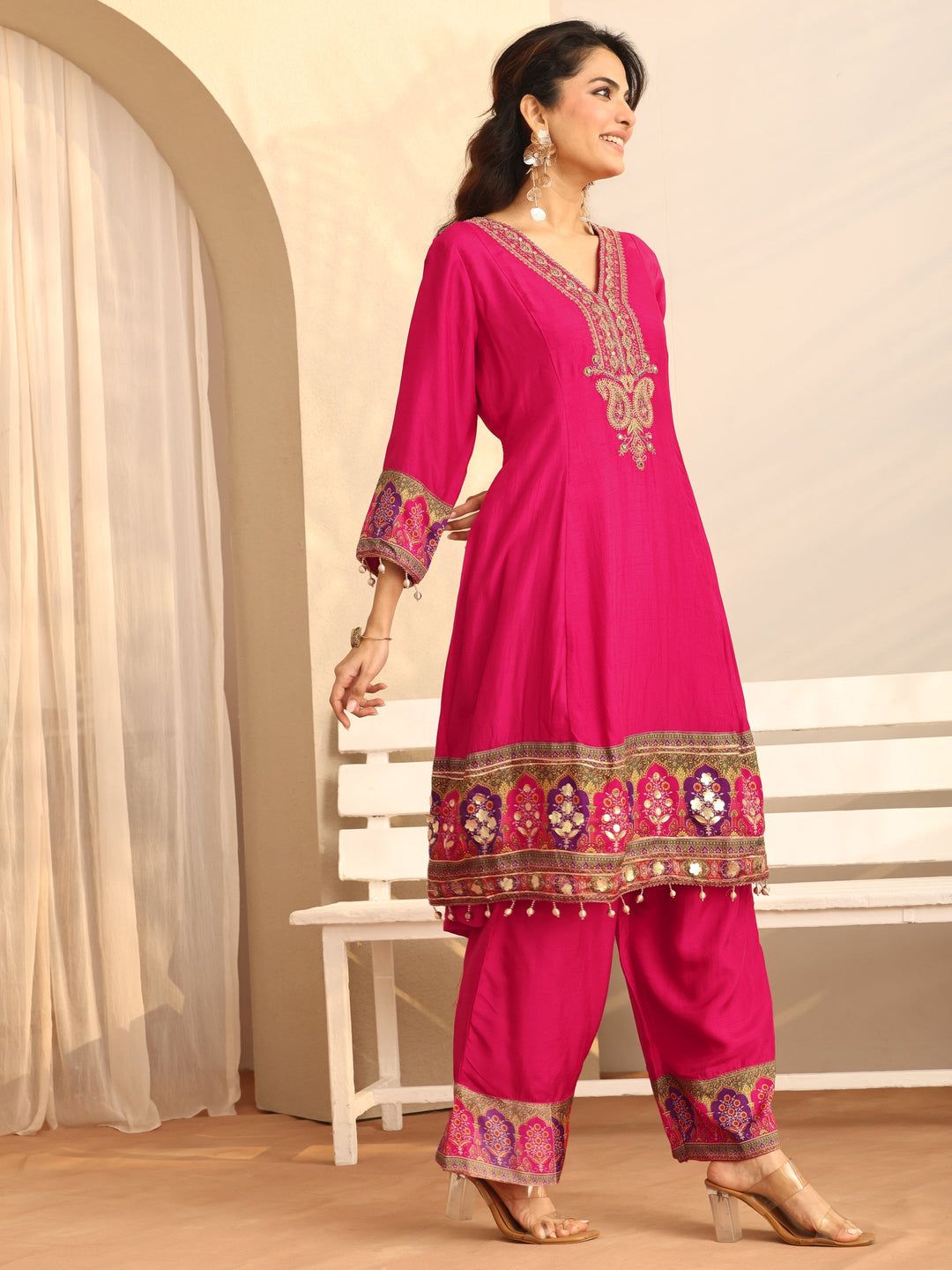  Pink Printed Silk Blend A-Line Suit Set With Dupatta 