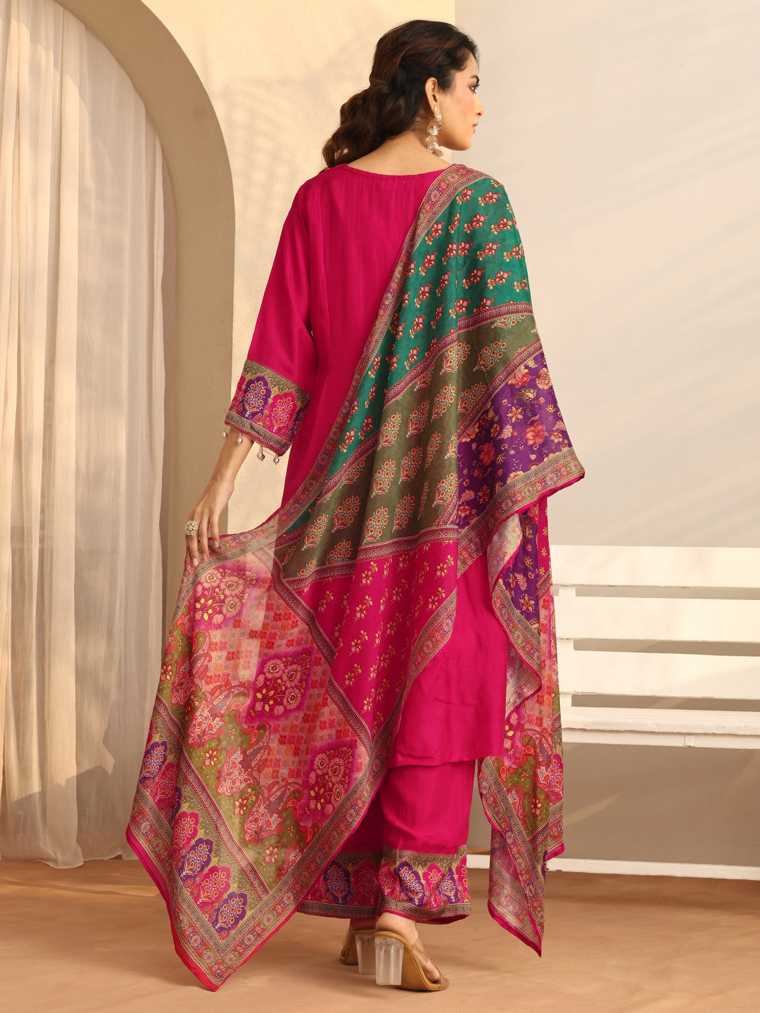 Pink Printed Silk Blend A-Line Suit Set With Dupatta 