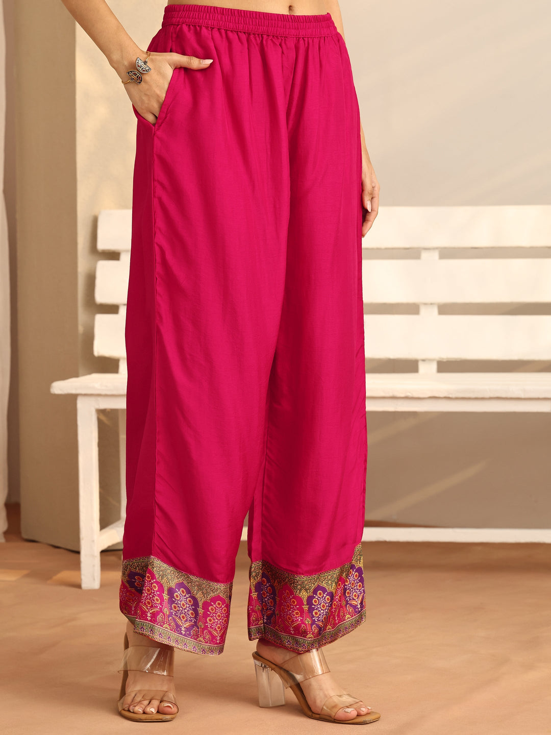  Pink Printed Silk Blend A-Line Suit Set With Dupatta 