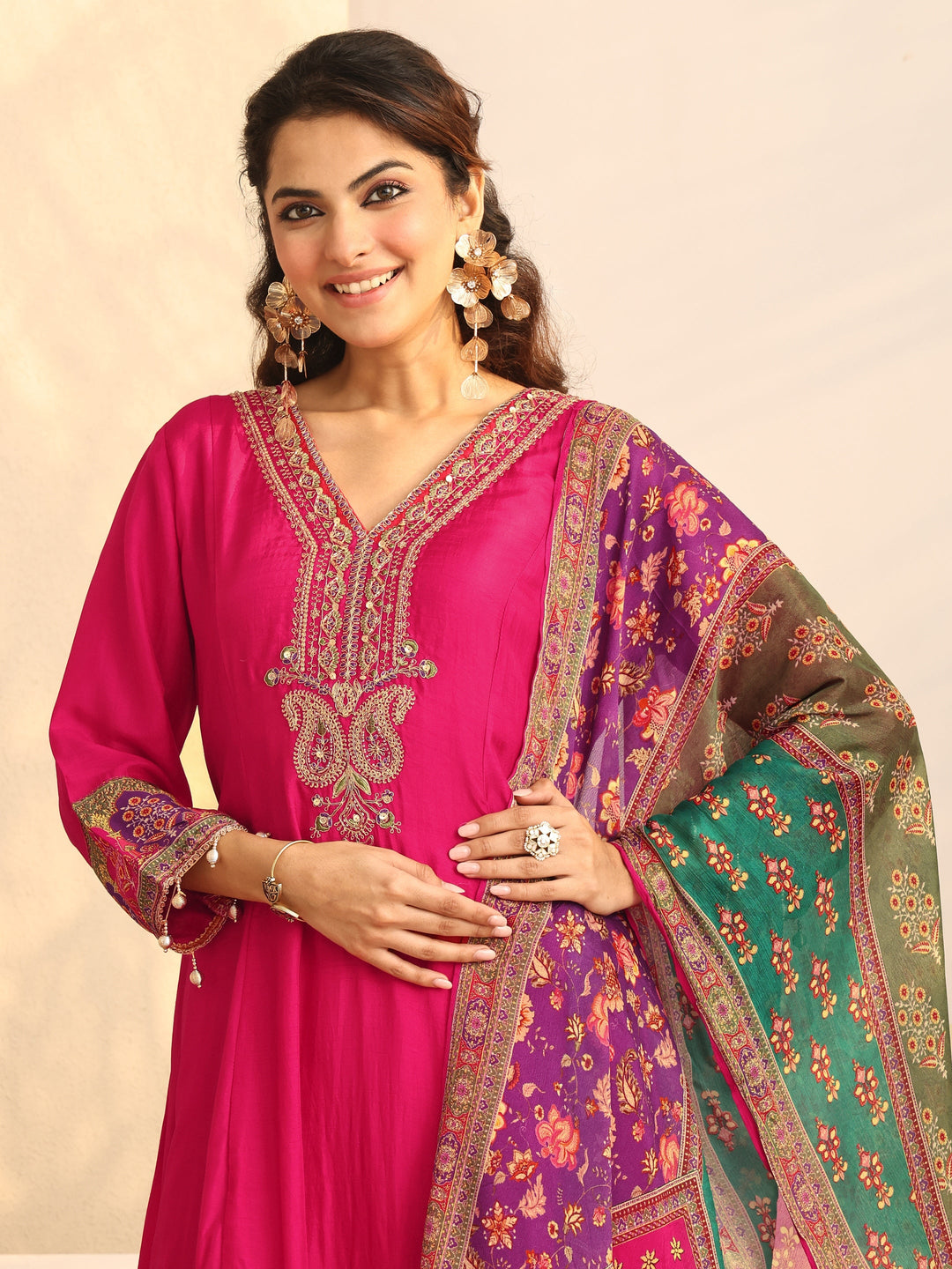  Pink Printed Silk Blend A-Line Suit Set With Dupatta 