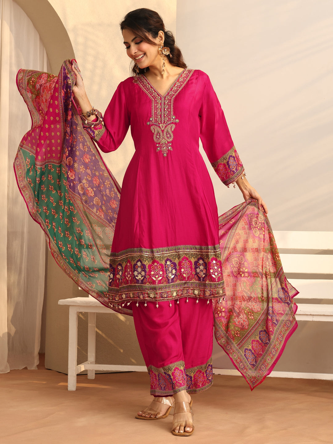  Pink Printed Silk Blend A-Line Suit Set With Dupatta 