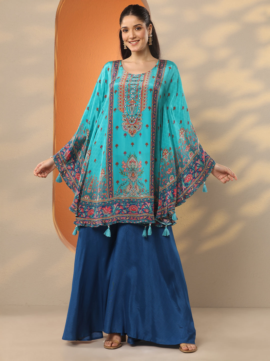  Blue Printed Crepe A-Line Kurta Set 