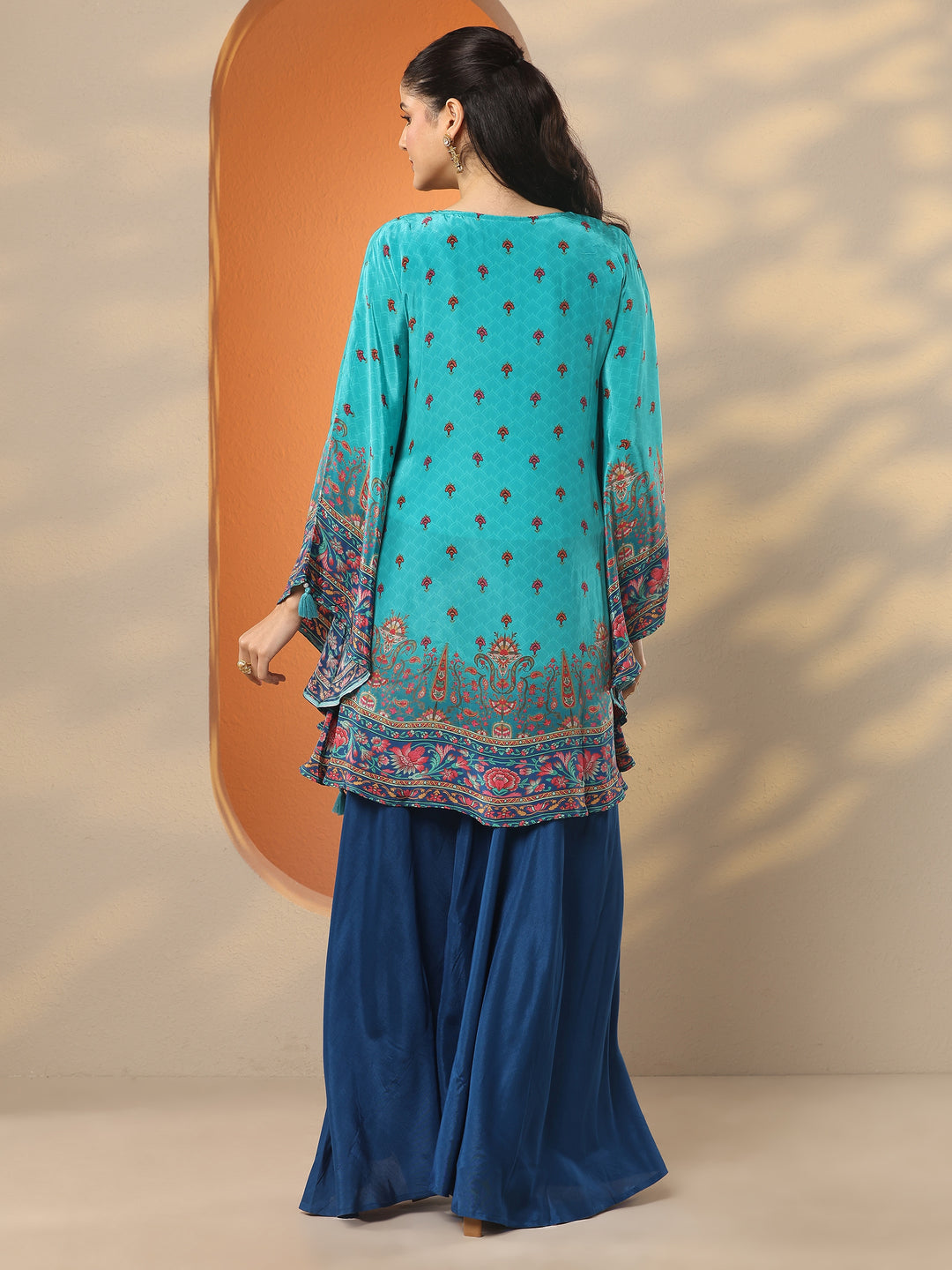  Blue Printed Crepe A-Line Kurta Set 