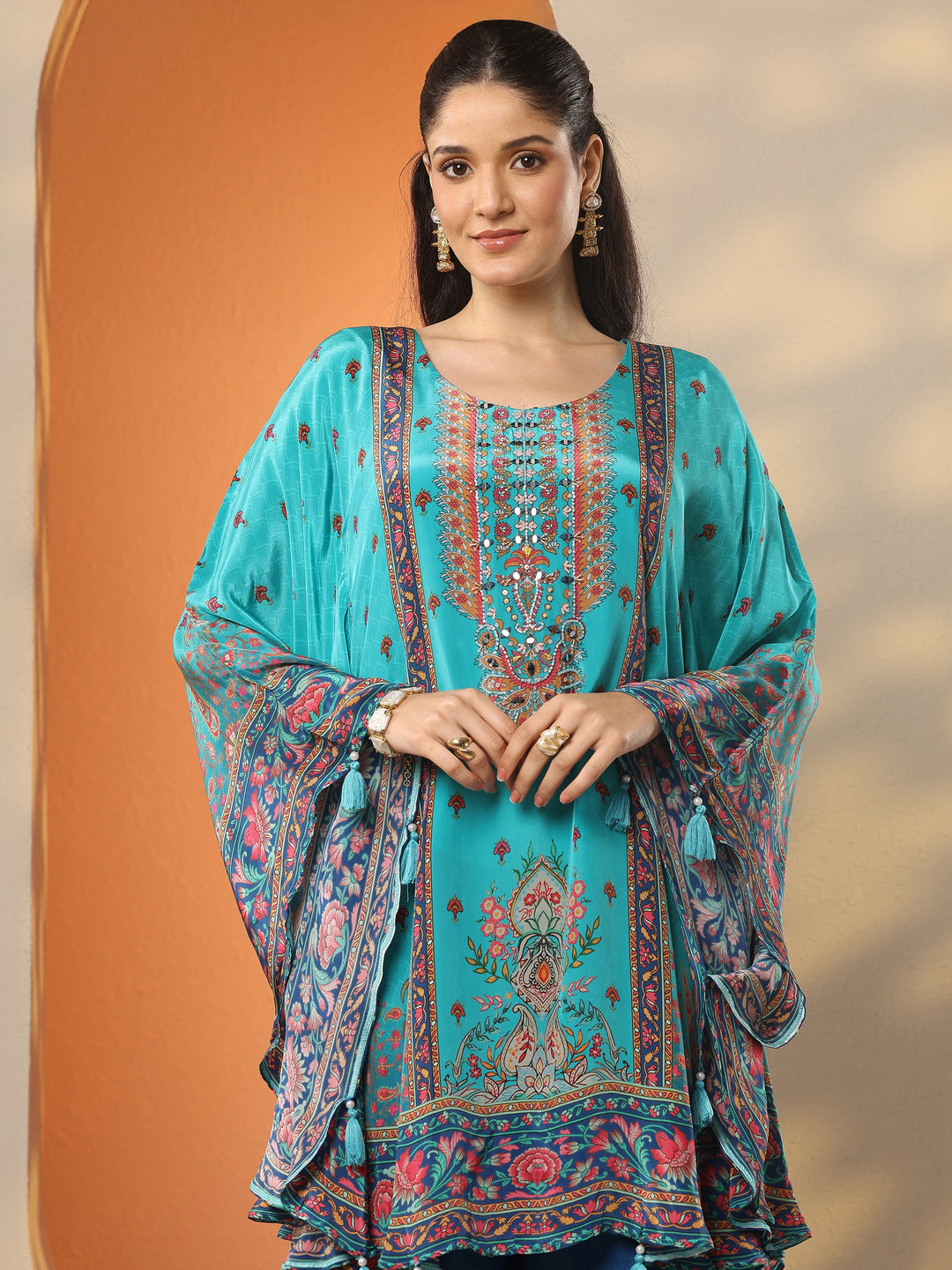  Blue Printed Crepe A-Line Kurta Set 