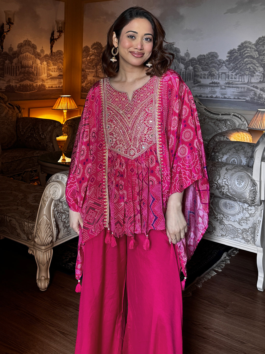  Pink Bandhani Printed A-Line Kurta Set 