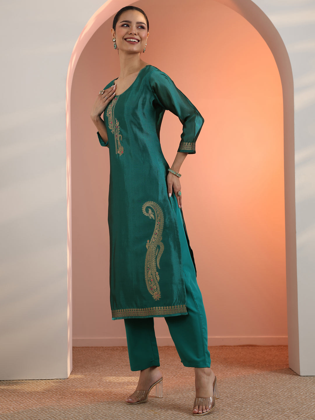  Teal Woven Design Silk Blend Straight Suit Set With Dupatta 