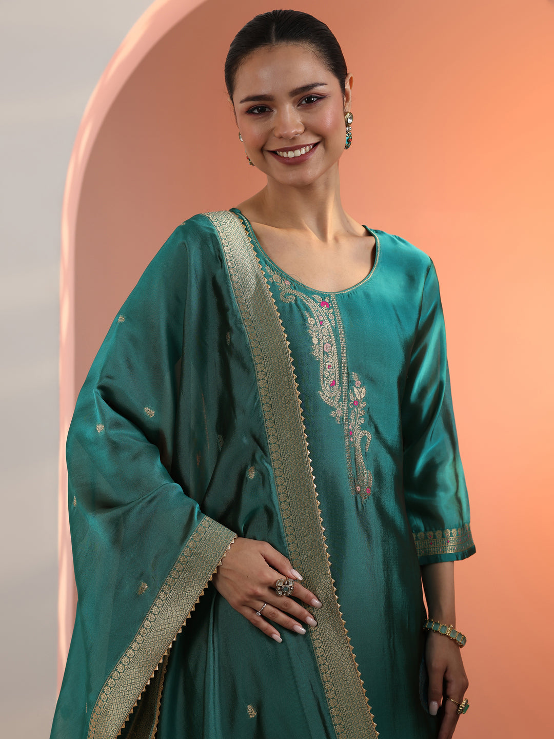  Teal Woven Design Silk Blend Straight Suit Set With Dupatta 