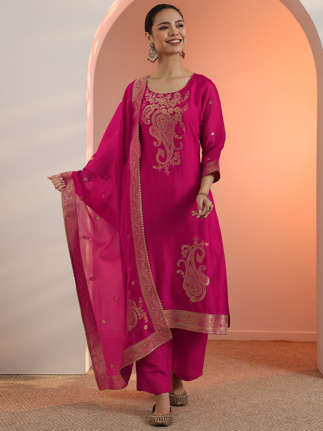  Pink Woven Design Silk Blend Straight Suit Set With Dupatta 