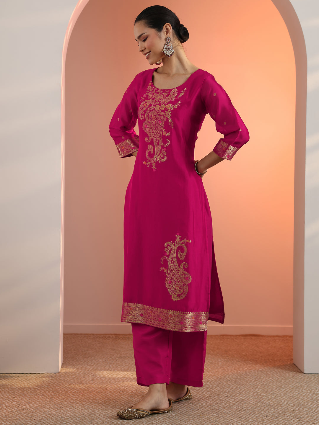  Pink Woven Design Silk Blend Straight Suit Set With Dupatta 