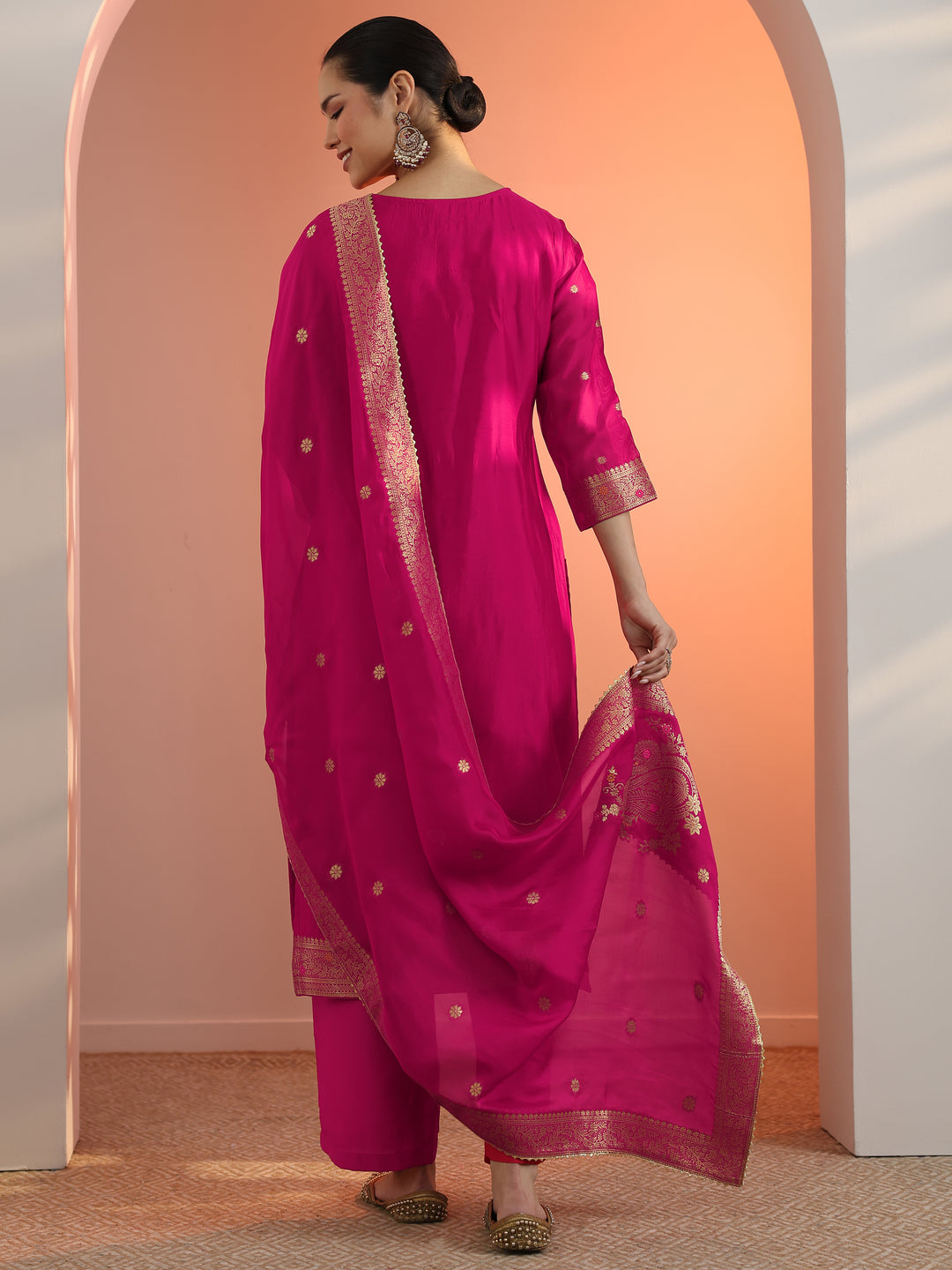  Pink Woven Design Silk Blend Straight Suit Set With Dupatta 