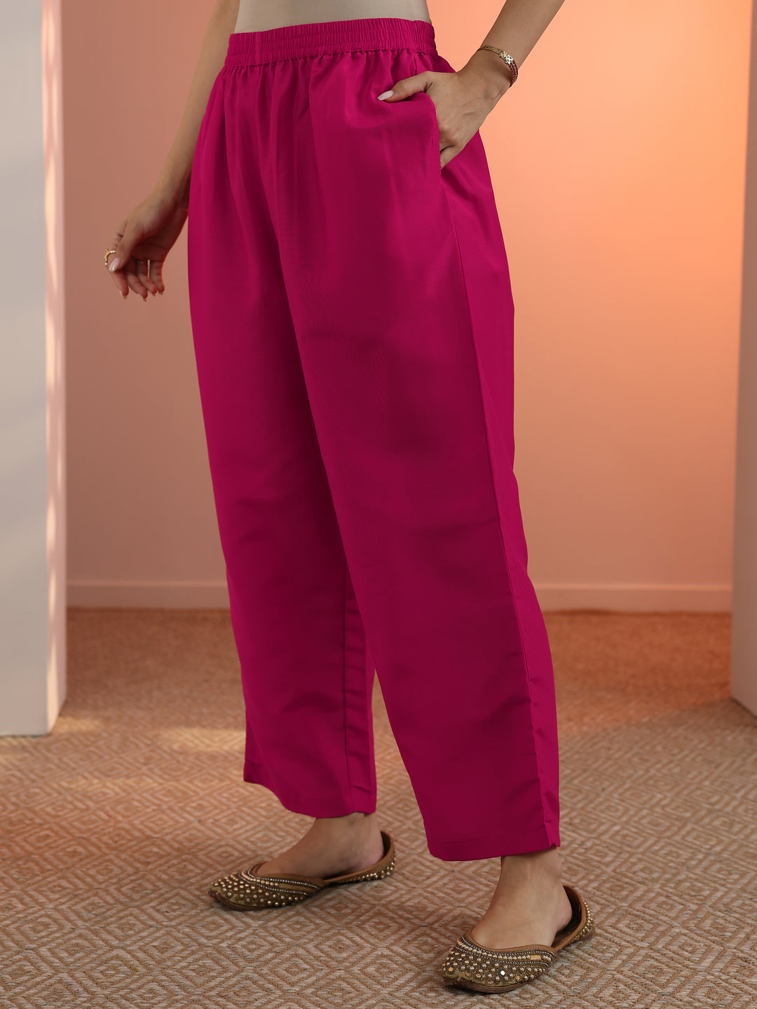  Pink Woven Design Silk Blend Straight Suit Set With Dupatta 